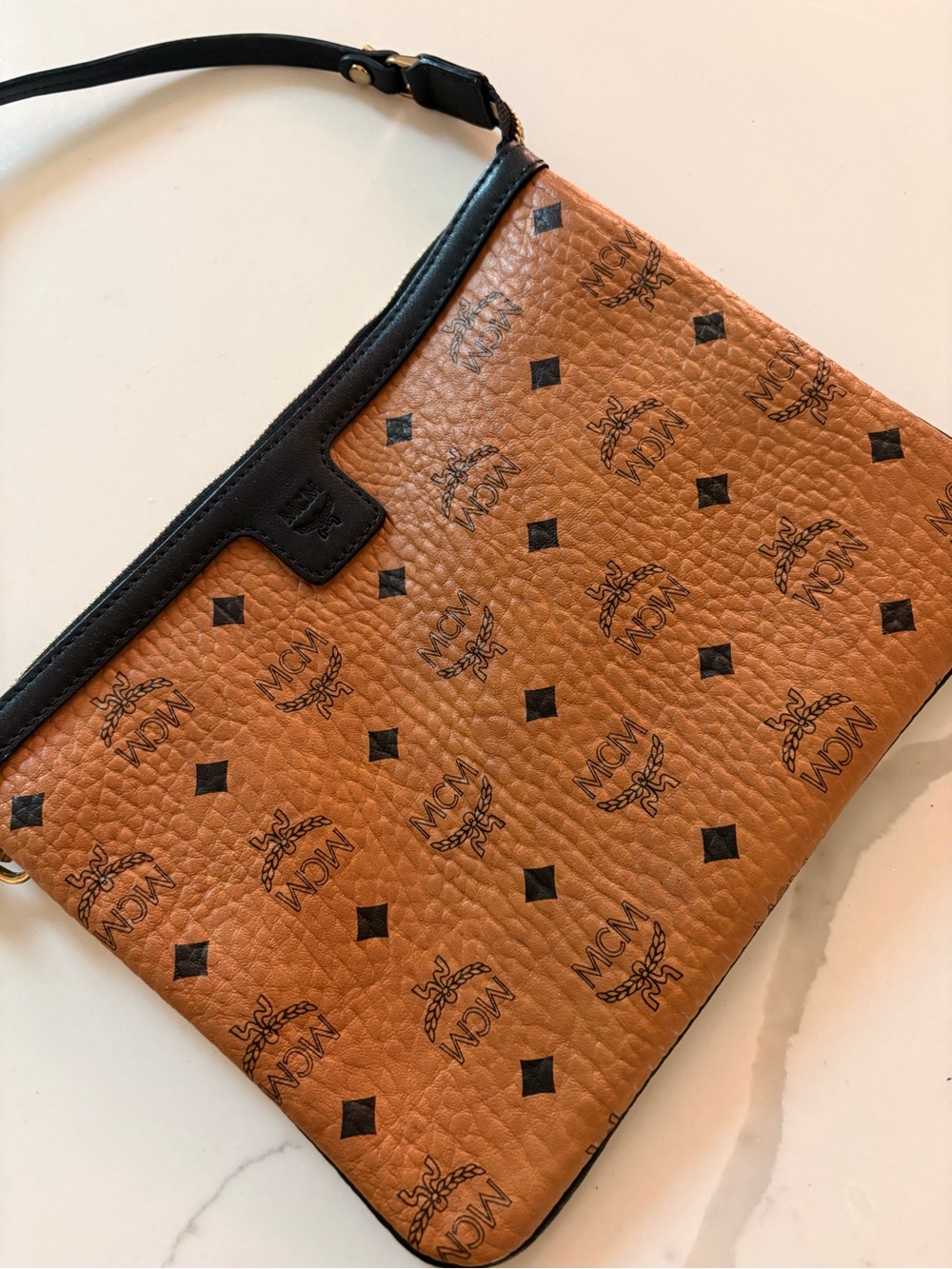 MCM Cognac Visetos Monogram Shoulder Pouch with Black Trim - Picture 1 of 3